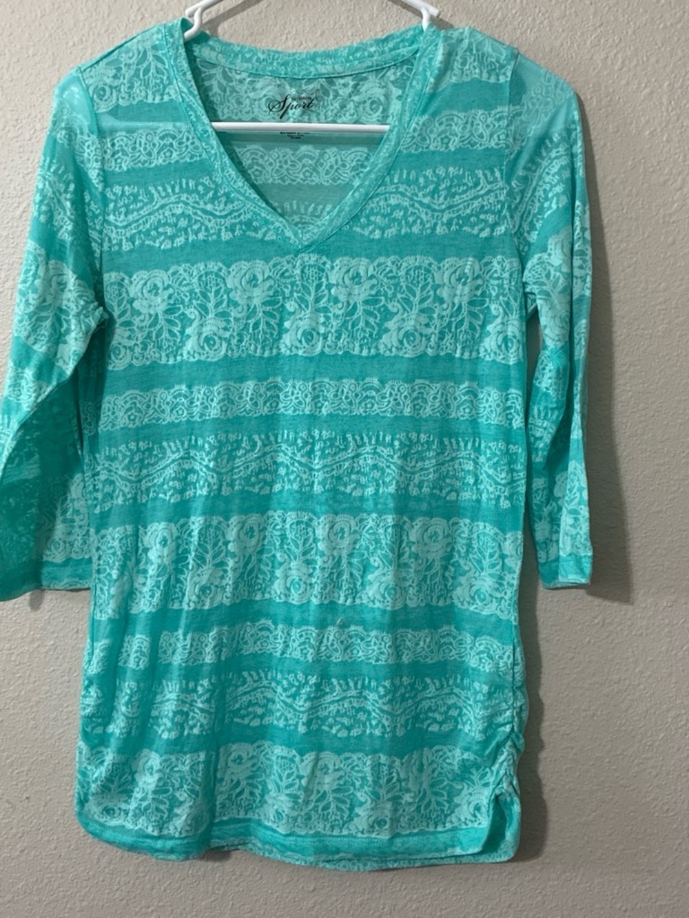 Style & Co sport Turquoise Lace-Stripe V-Neck Long Sleeve Top